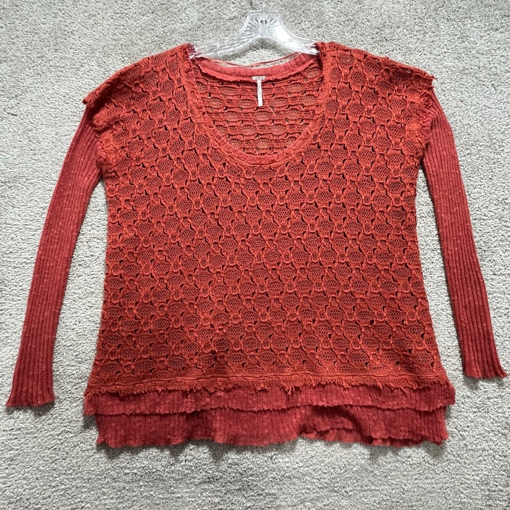 Free People Sweater Women's S Orange Open Knit Ruffle Hem Pullover Long Sleeves